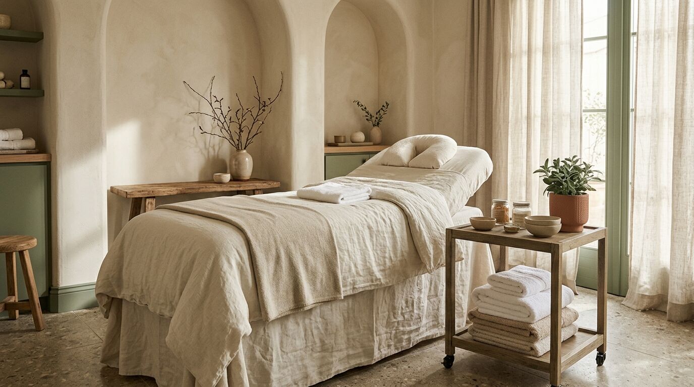 Una cabina estetica pronta per il trattamento: lettino con lenzuola di lino, asciugamani piegati e luce naturale dalla finestra.